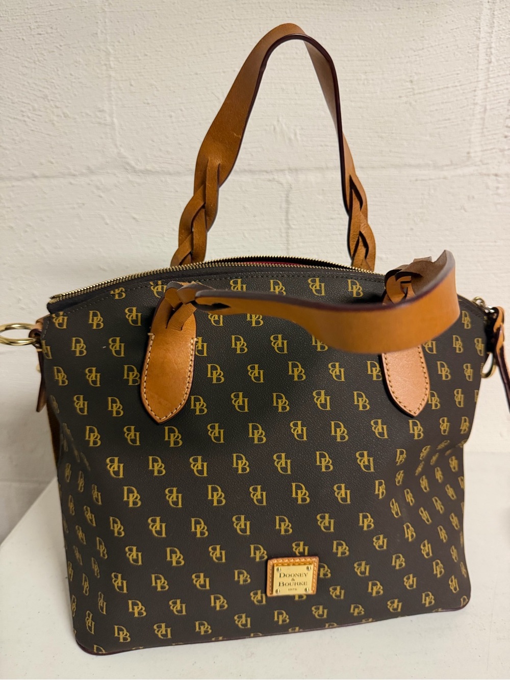 Dooney & Bourke Brown Monogram Tote with Tan Leather Handles